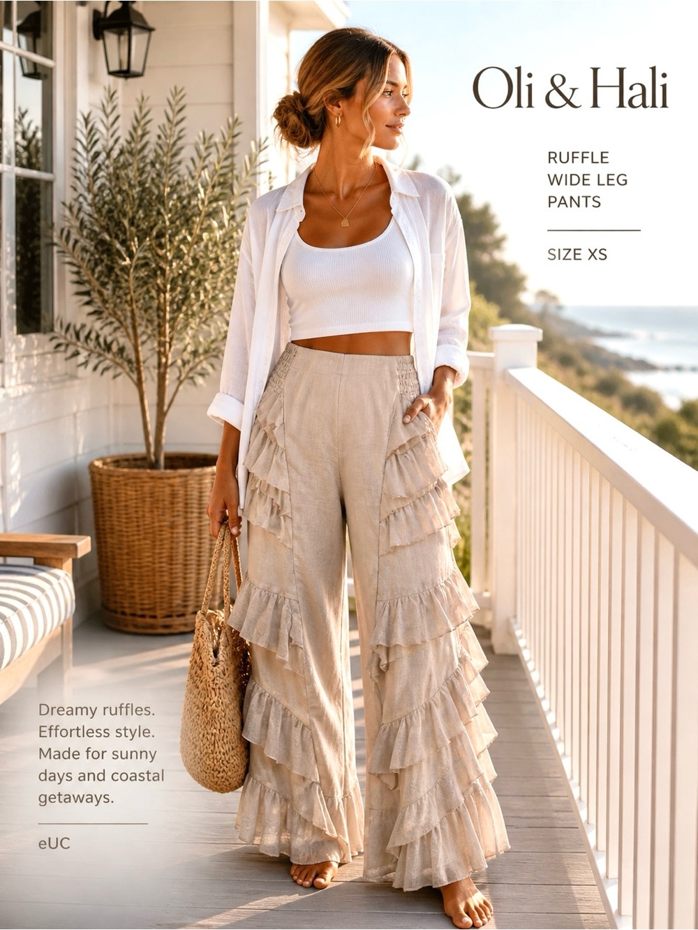 Oli & Hali Ruffle Wide-Leg Pants Boho Tiered Flowy Coastal Resort Roman,size XL